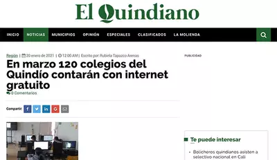 En marzo 120 colegios del Quindío contarán con internet gratuito