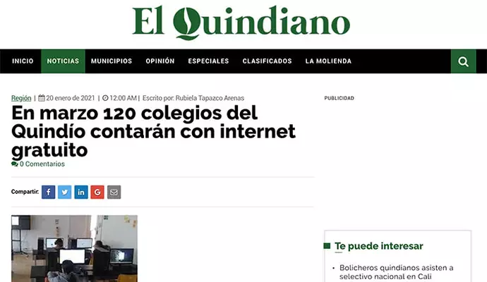 En marzo 120 colegios del Quind&iacute;o contar&aacute;n con internet gratuito