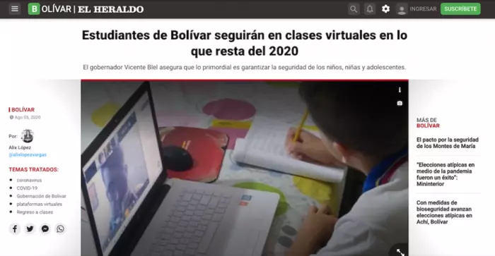 Estudiantes de Bolívar seguirán en clases virtuales en lo que resta del 2020