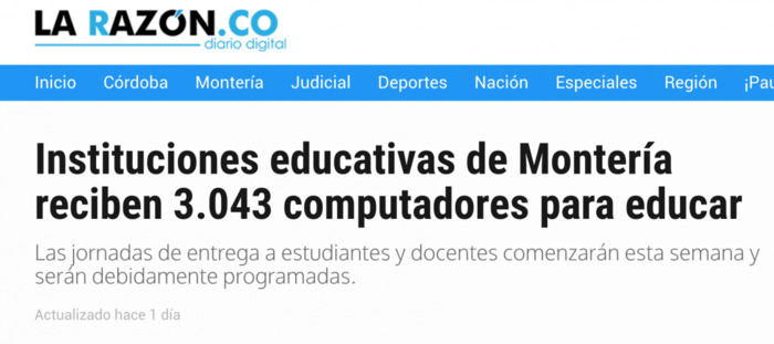 Instituciones educativas de Montería reciben3.043 Computadores para Educar