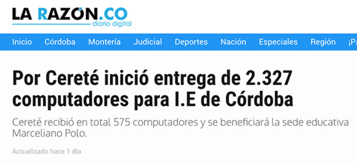 Por Cereté inicio entrega de 2.327 computadores para I.E de Córdoba