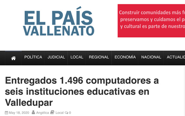 Entregados 1.496 computadores a seis instituciones educativas en Valledupar